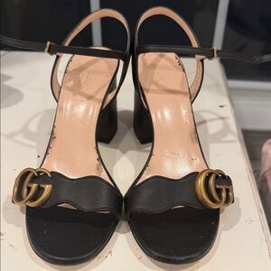 Gucci Black and Gold Heeled Sandals